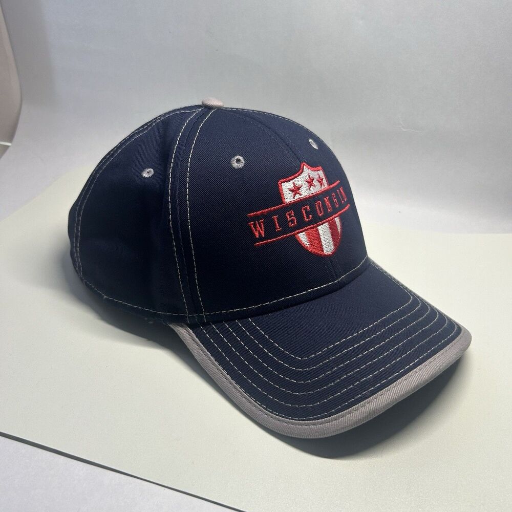Wisconsin Shield Logo Hat Cap Navy Blue Red White Stars Stripes Otto Adjustable